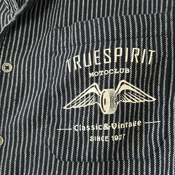 Massive Premium Quality Goods, NYC Navy Blue Striped Shirt w Moto Club Graphics - Picture 4 of 10